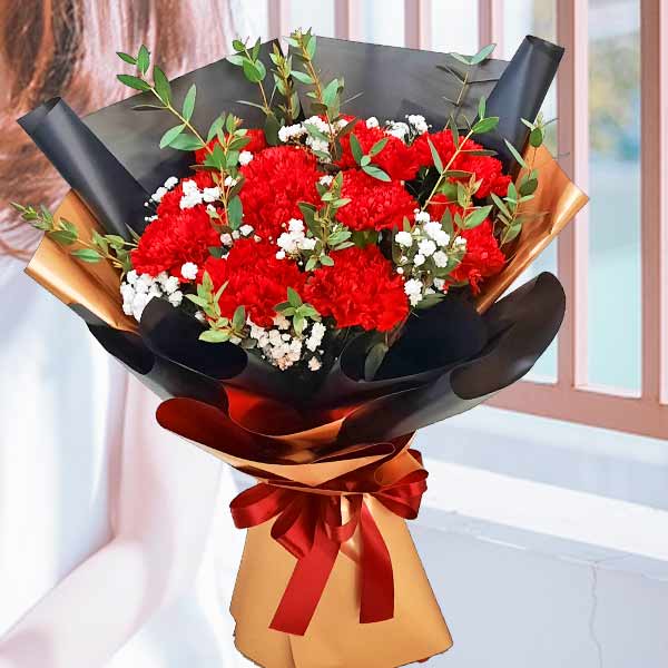 12枝红色康乃馨配满天星花束