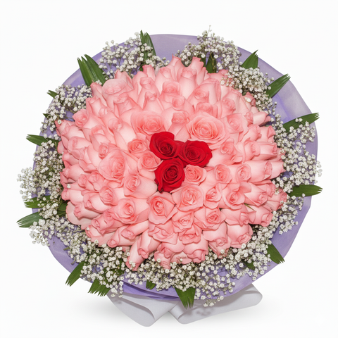 99 Roses Hand Bouquet ( 96 Peach & 3 Red Roses )