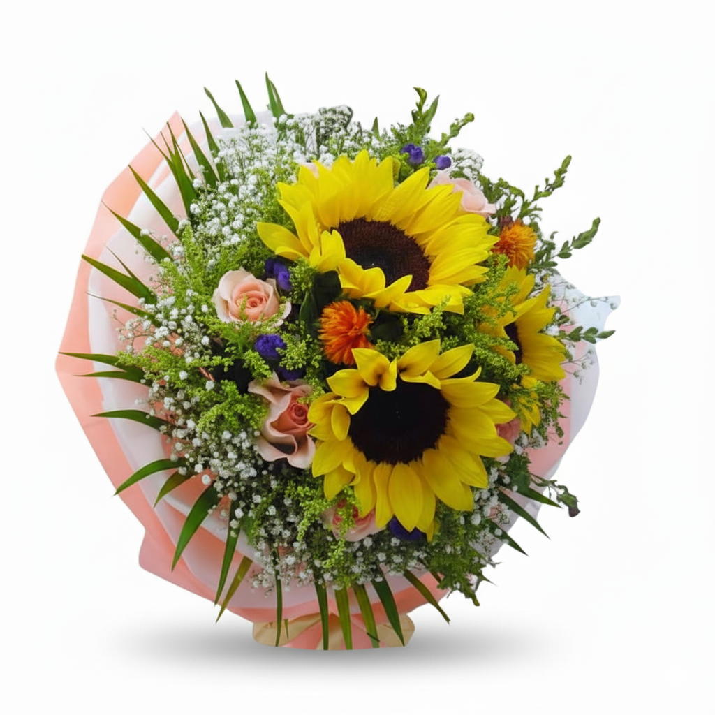 3 Sunflower & 10 Champagne Roses Hand Bouquet