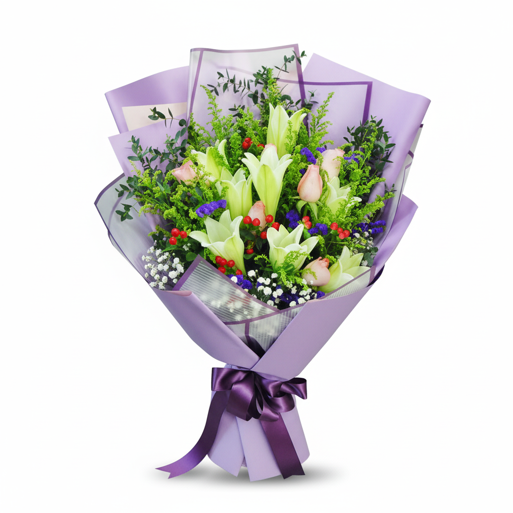 8枝百合配5枝桃玫瑰