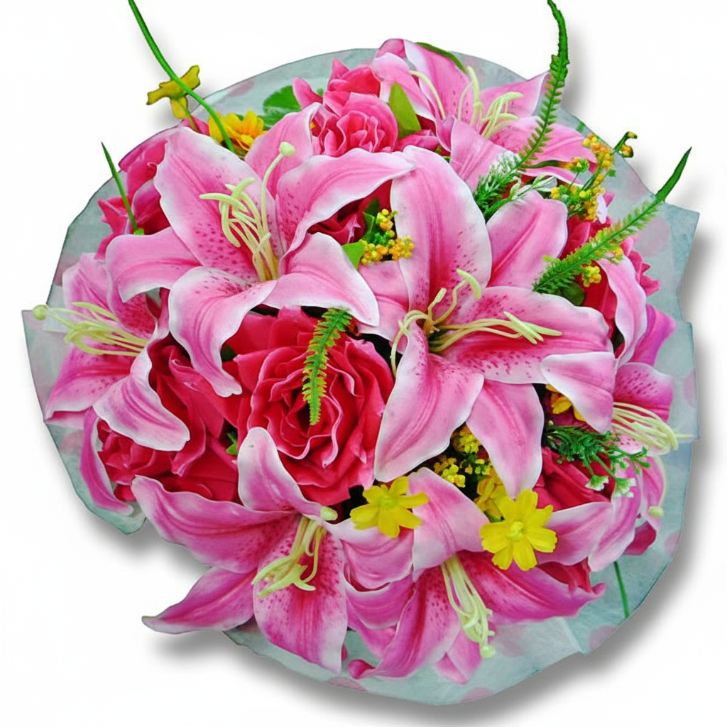Artificial Pink Lilies & Roses Hand Bouquet