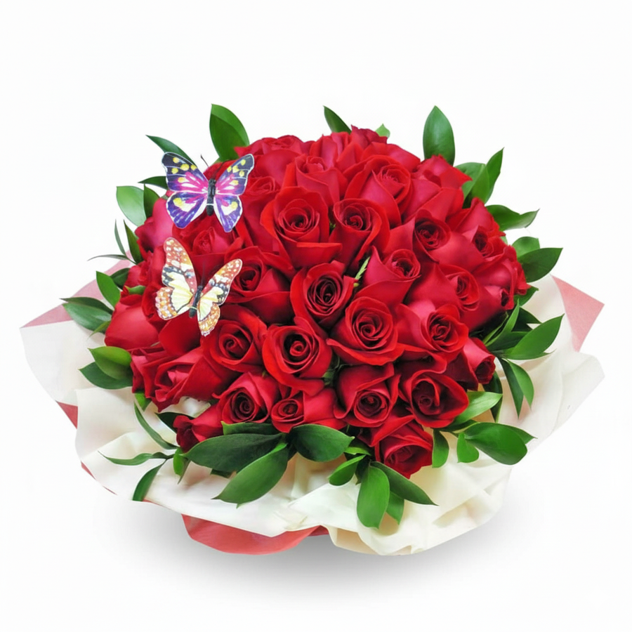 Butterfly in 50 Red Roses Hand Bouquet