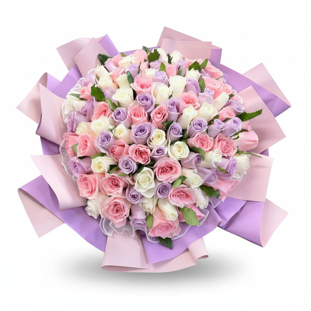 99 Pastel Colors Mixed Roses Hand Bouquet, Kindly order 3 Days in advance.