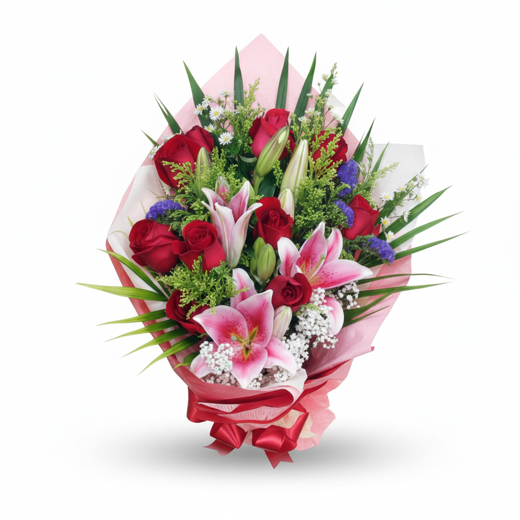 10 Red Roses 3 Pink Lilies Handbouquet