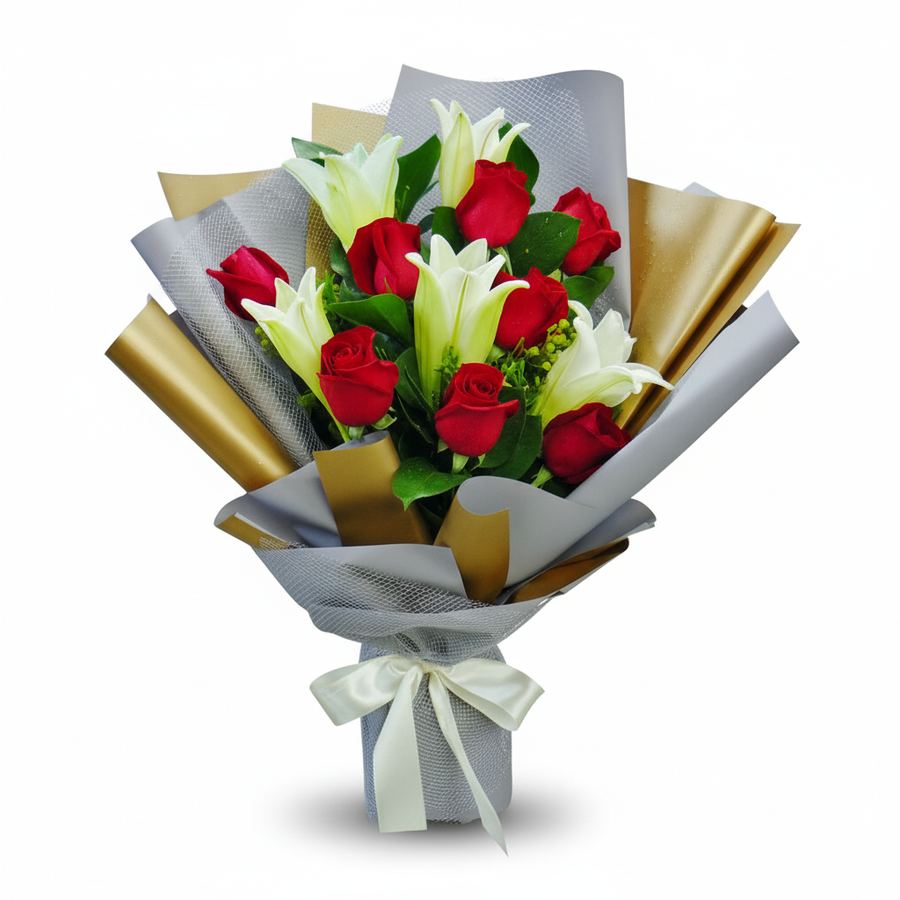 5 Lily with 8 Red Roses Long Wrapping Handbouquet