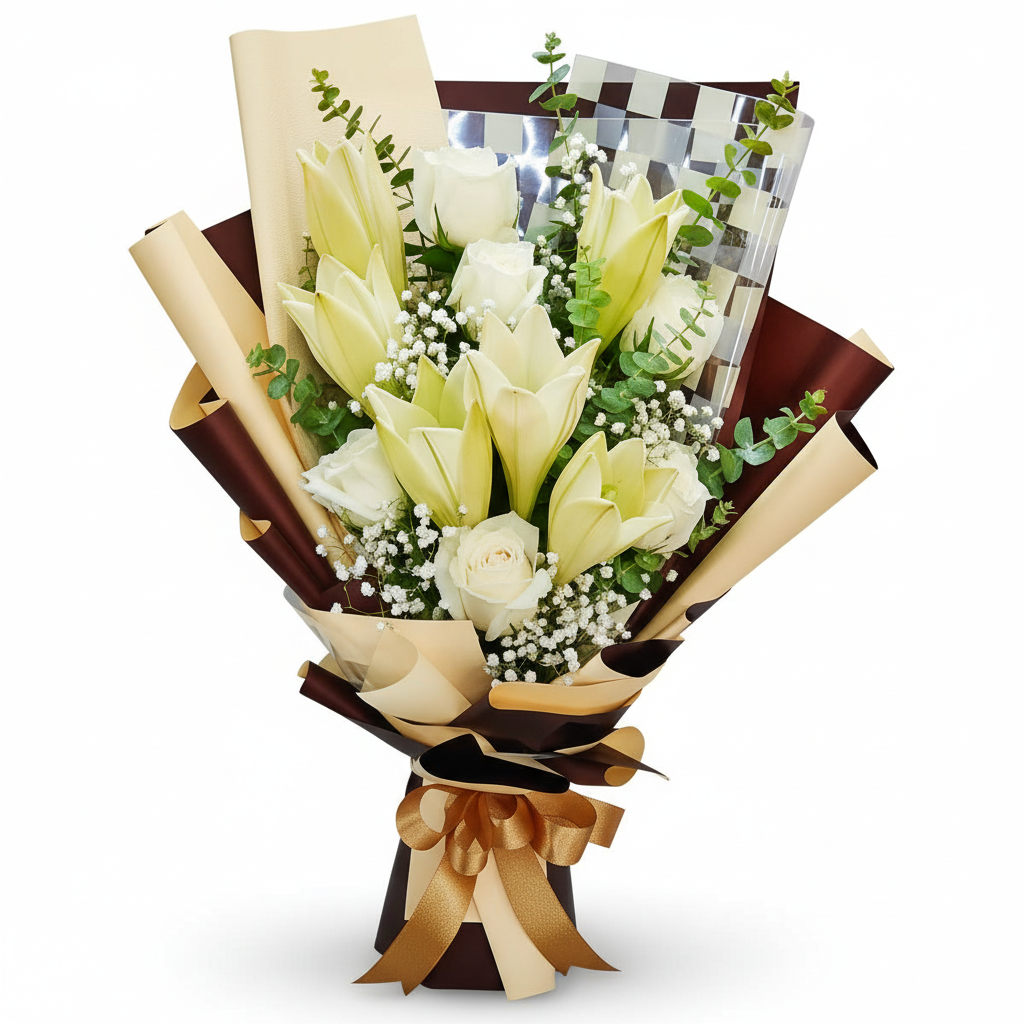 6枝白百合和6枝白玫瑰手捧花