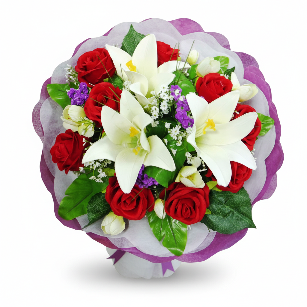 Artificial White Lilies & Red Roses Bouquet
