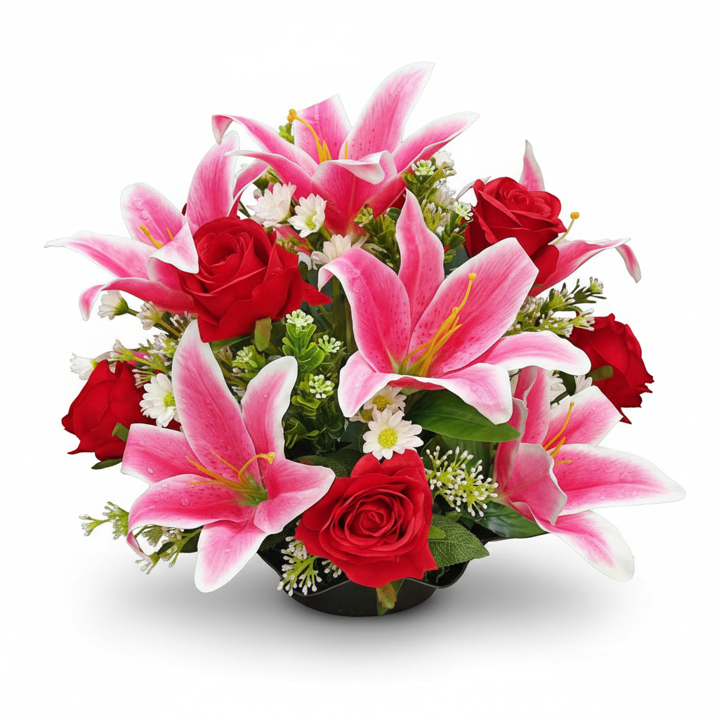Artificial Red Roses & Lilies Flowers Table Arrangement