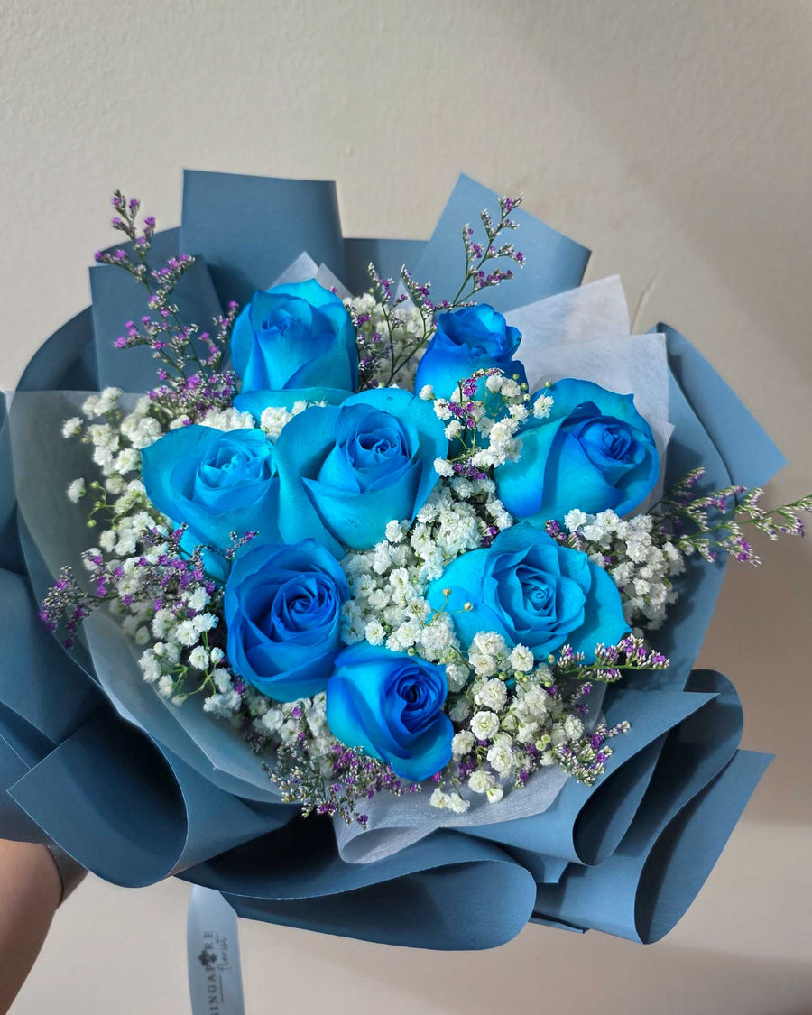 8 Blue Roses With Baby's Breath Hand Bouquet
