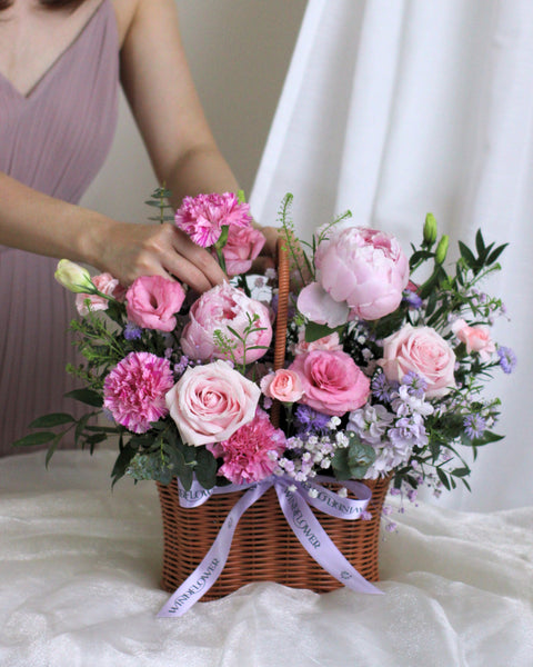 Botanic Blush Blossoms peony basket arrangement Singapore