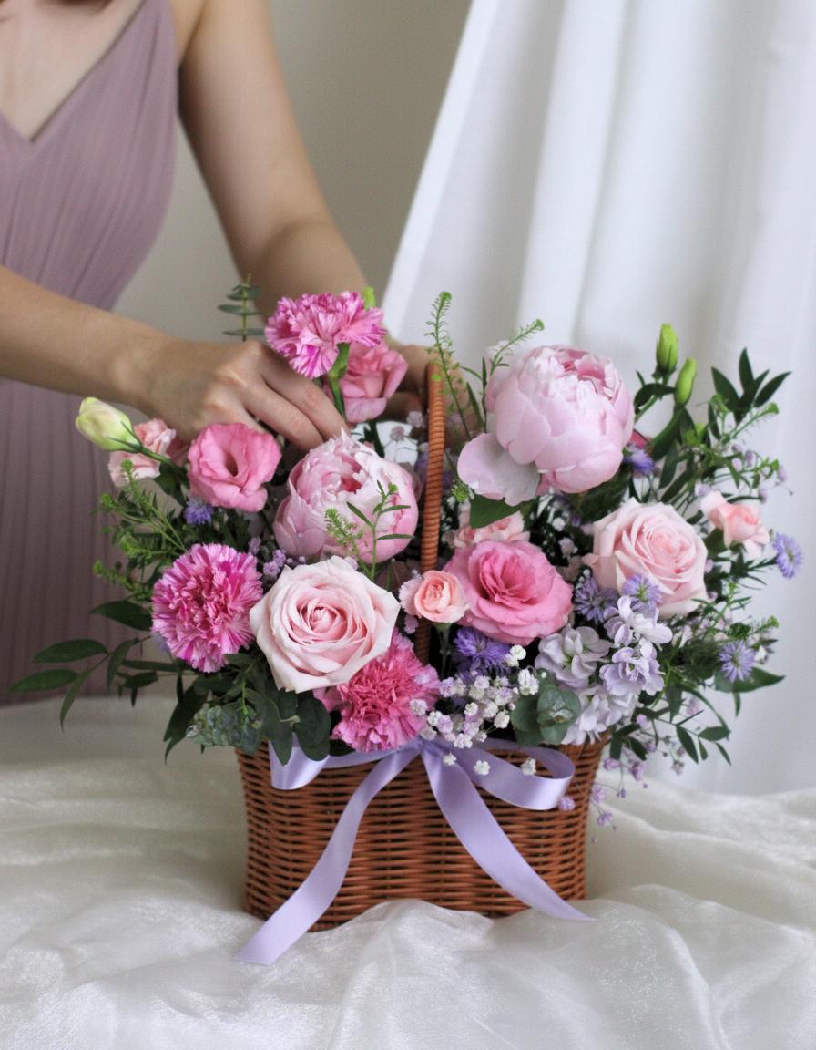 Botanic Blush Blossoms peony basket arrangement Singapore