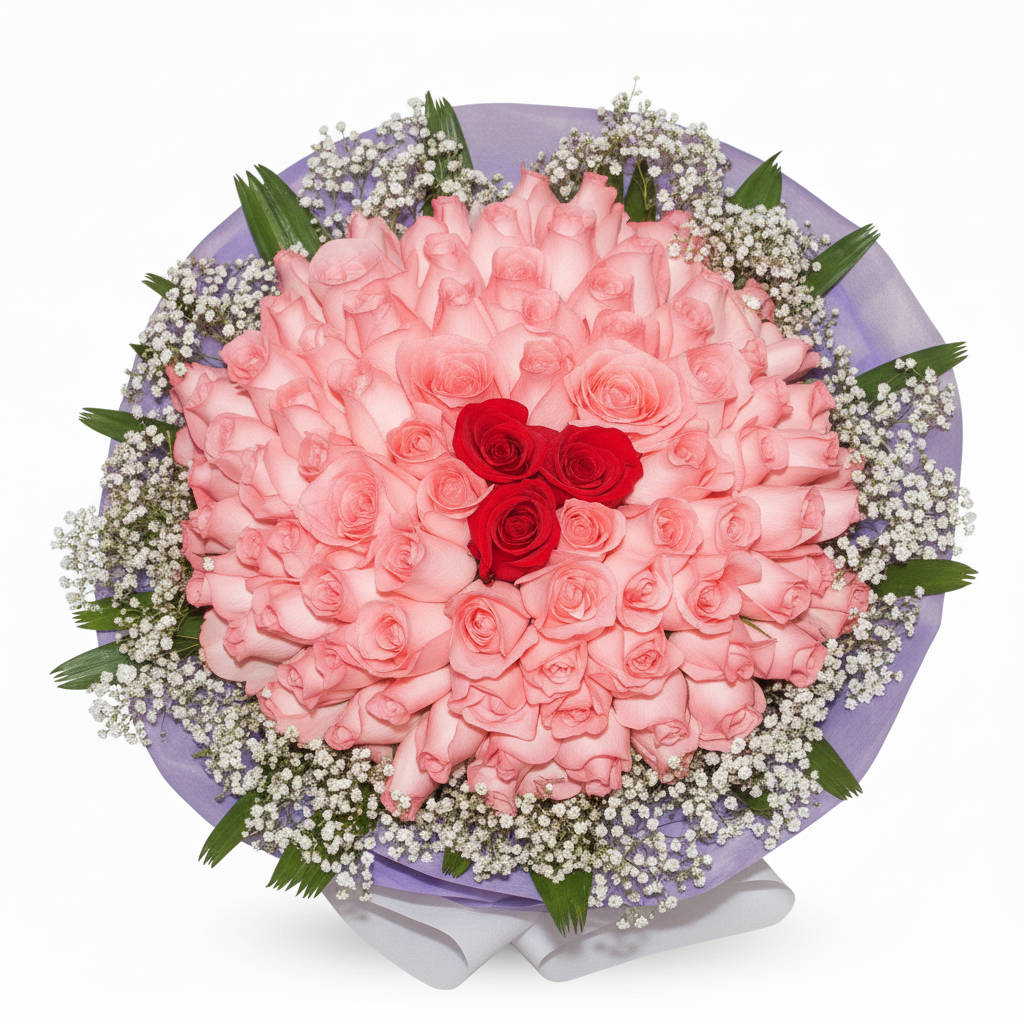 99 Roses Hand Bouquet ( 96 Peach & 3 Red Roses )