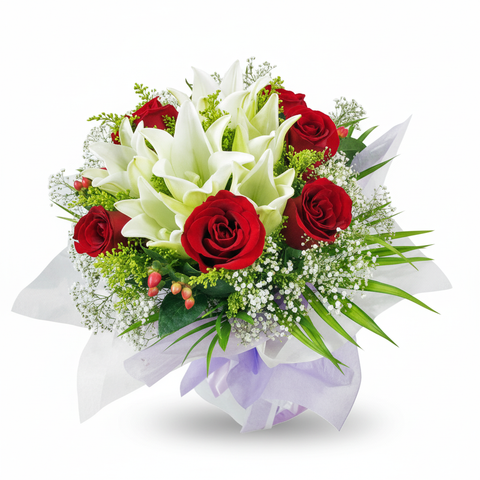 6朵红玫瑰和6朵白百合手捧花