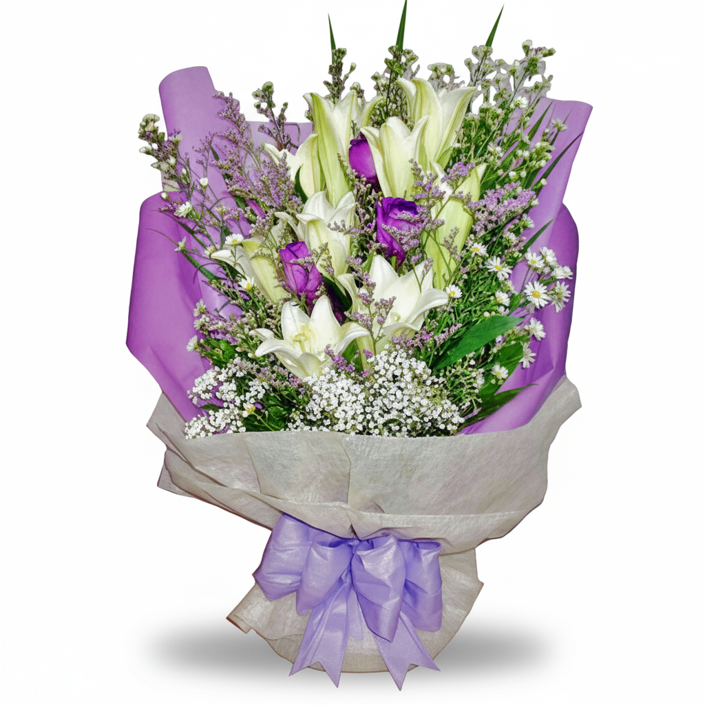 9 lily with 3 purple roses Handbouquet
