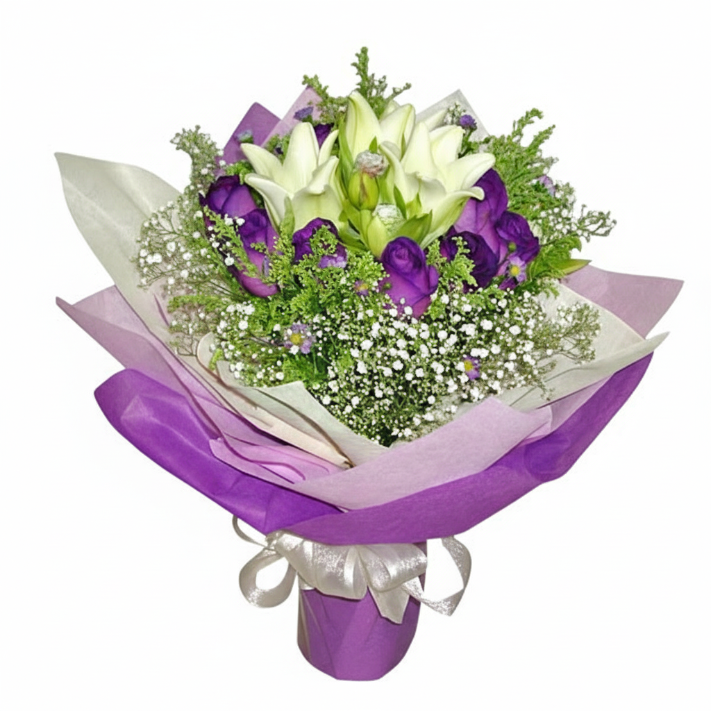 3 lily with 12 purple roses Handbouquet