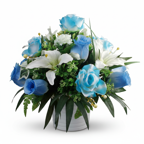 Artificial Blue Roses with White Lily All-Round Arrangement
