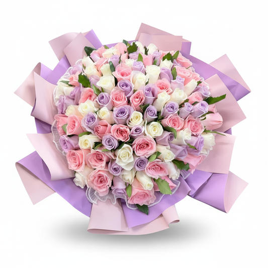 99 Pastel Colors Mixed Roses Hand Bouquet, Kindly order 3 Days in advance.