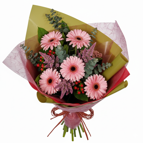 6 Gerbera Pink Hand Bouquet Special wrapping