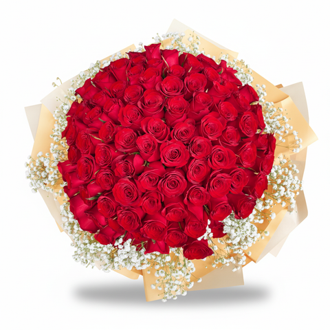 99 Red Roses With Baby's Breath Hand Bouquet