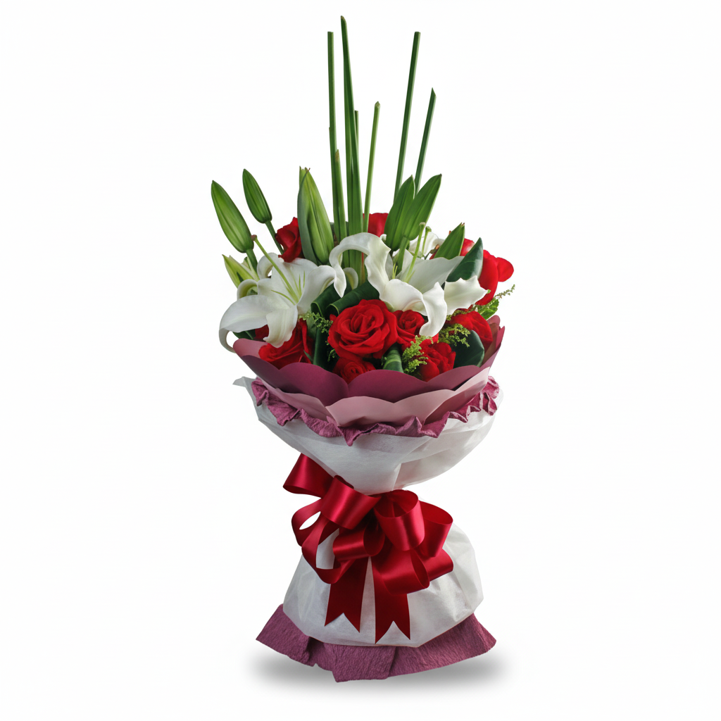 3 Lilies & 12 Red Roses Hand Bouquet Special Design