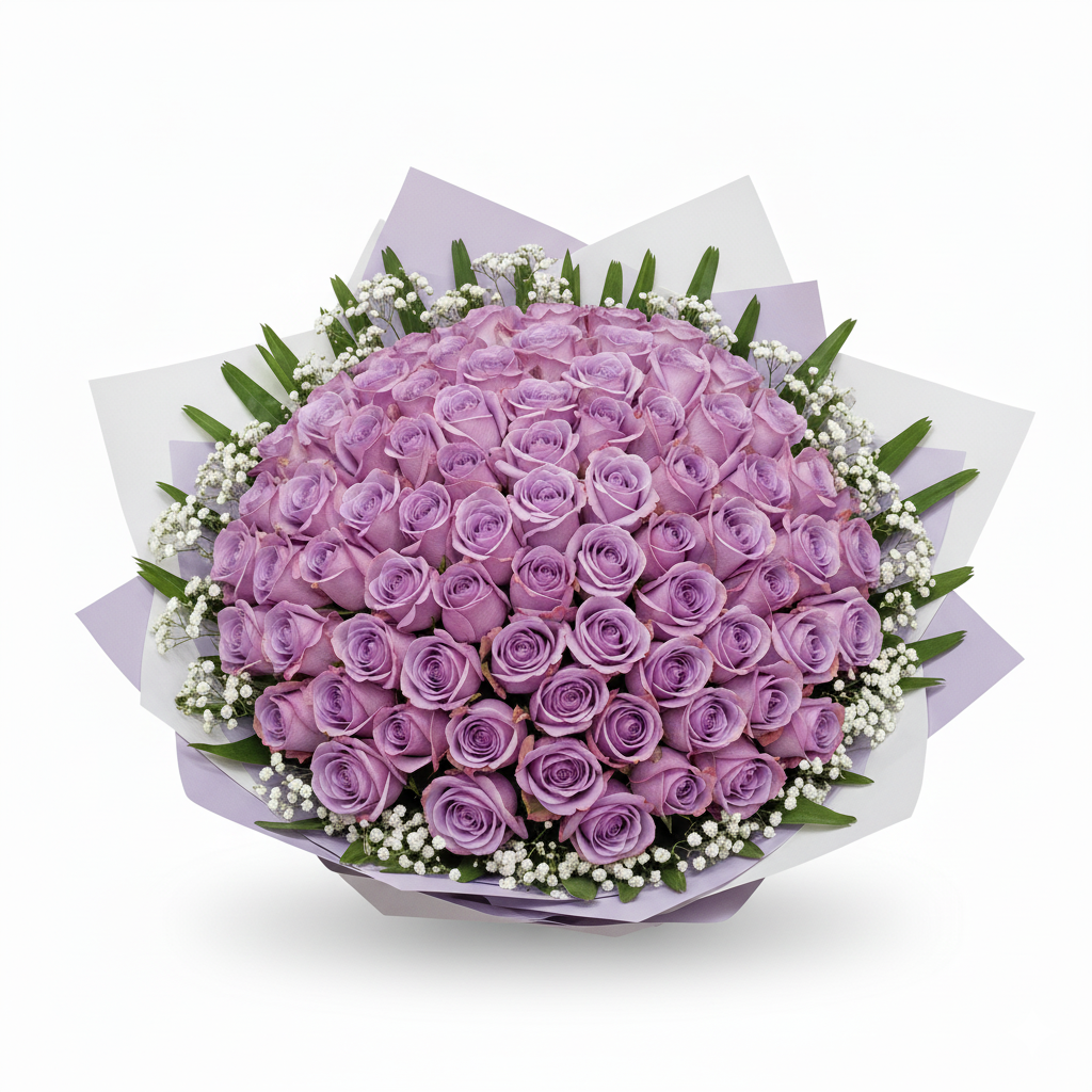 99 Purple Roses Hand Bouquet, Kindly order 3 Days in advance.