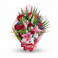 10 Red Roses 3 Pink Lilies Handbouquet