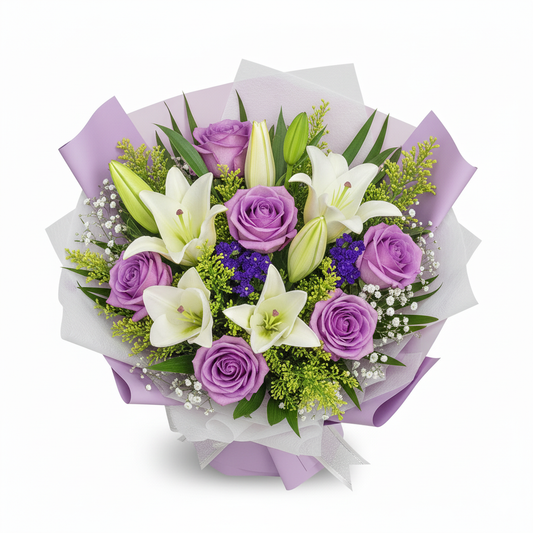 6 Lily & 6 Purple Roses Handbouquet.