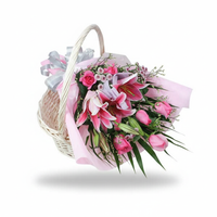 3 Pink Lilies 6 Pink Roses Handbouquet