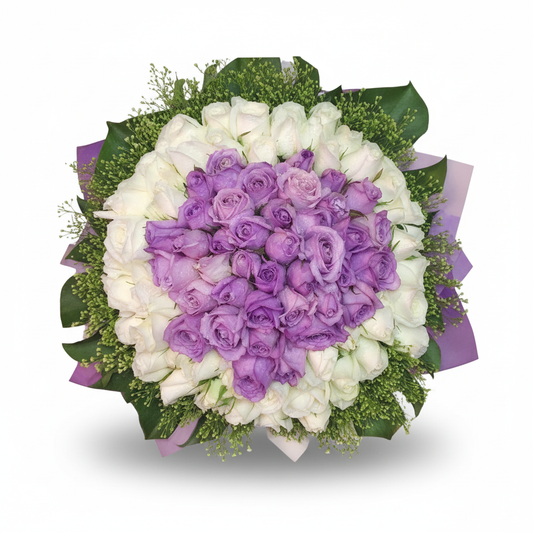 99 Roses ( 40 Purple 59 White ) Handbouquet, Kindly order 3 Days in advance.
