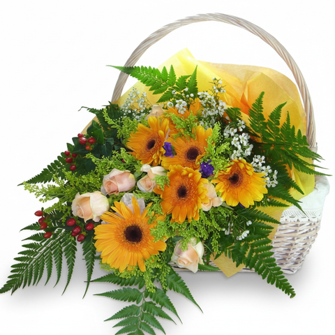 6 orange gerbera and 6 champagne roses handbouquet