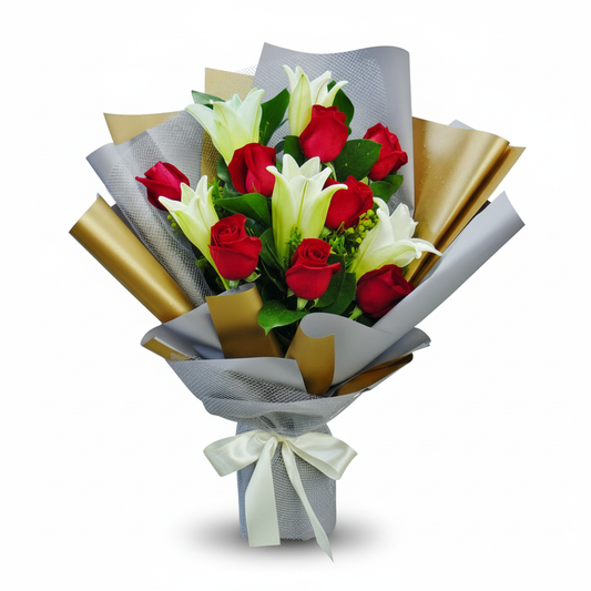 5枝百合配8枝红玫瑰长款手捧花