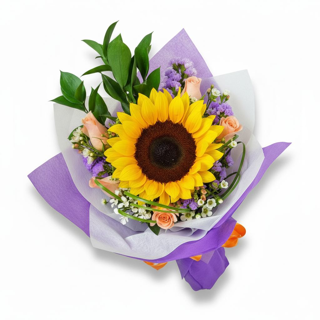 Sunflower and 3 Champagne Roses Handbouquet