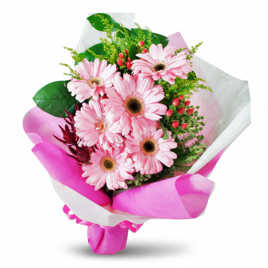 6 Pink Gerberas Handbouquet With Long Wrapping