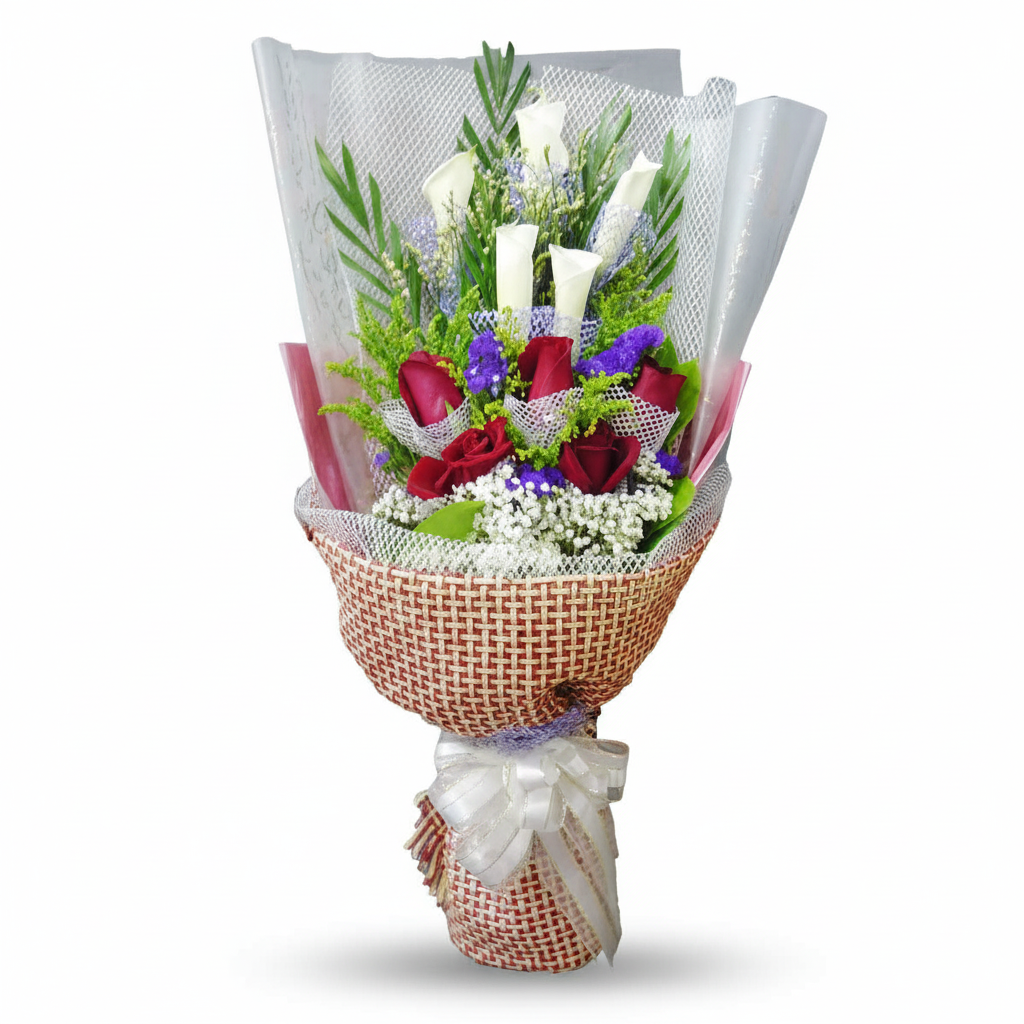 5 Calla lilies & 5 Red Roses Hand Bouquet