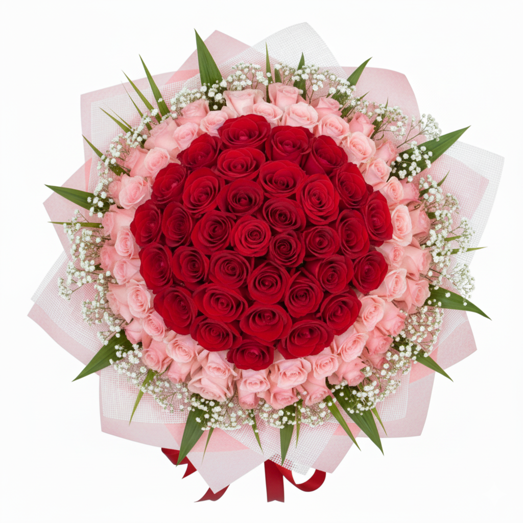 99 Roses ( 50 Red 49 Pink ) Handbouquet, Kindly order 3 Days in advance.