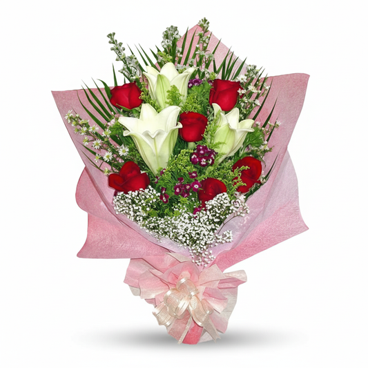 3 lily 6 red Roses Handbouquet