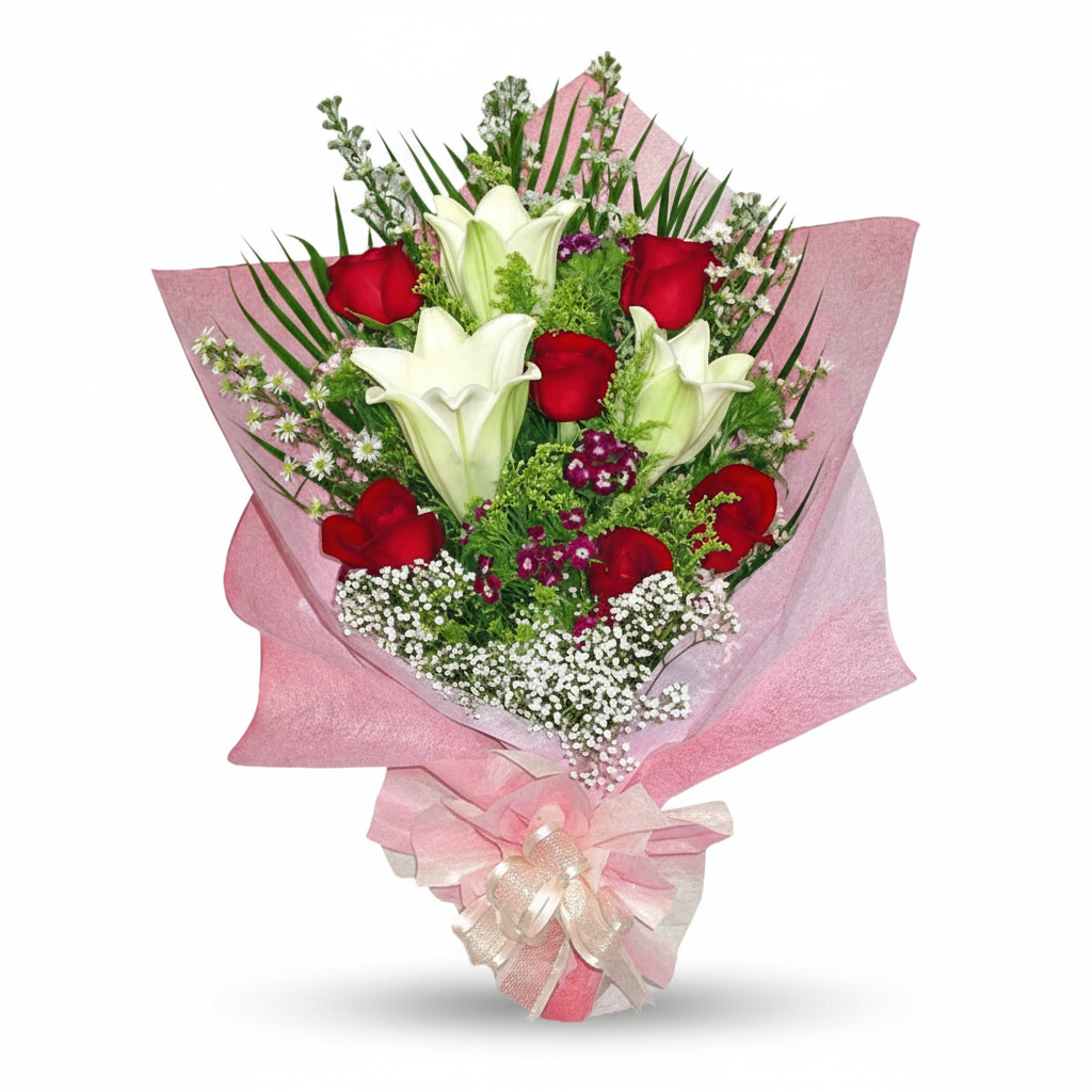3 lily 6 red Roses Handbouquet
