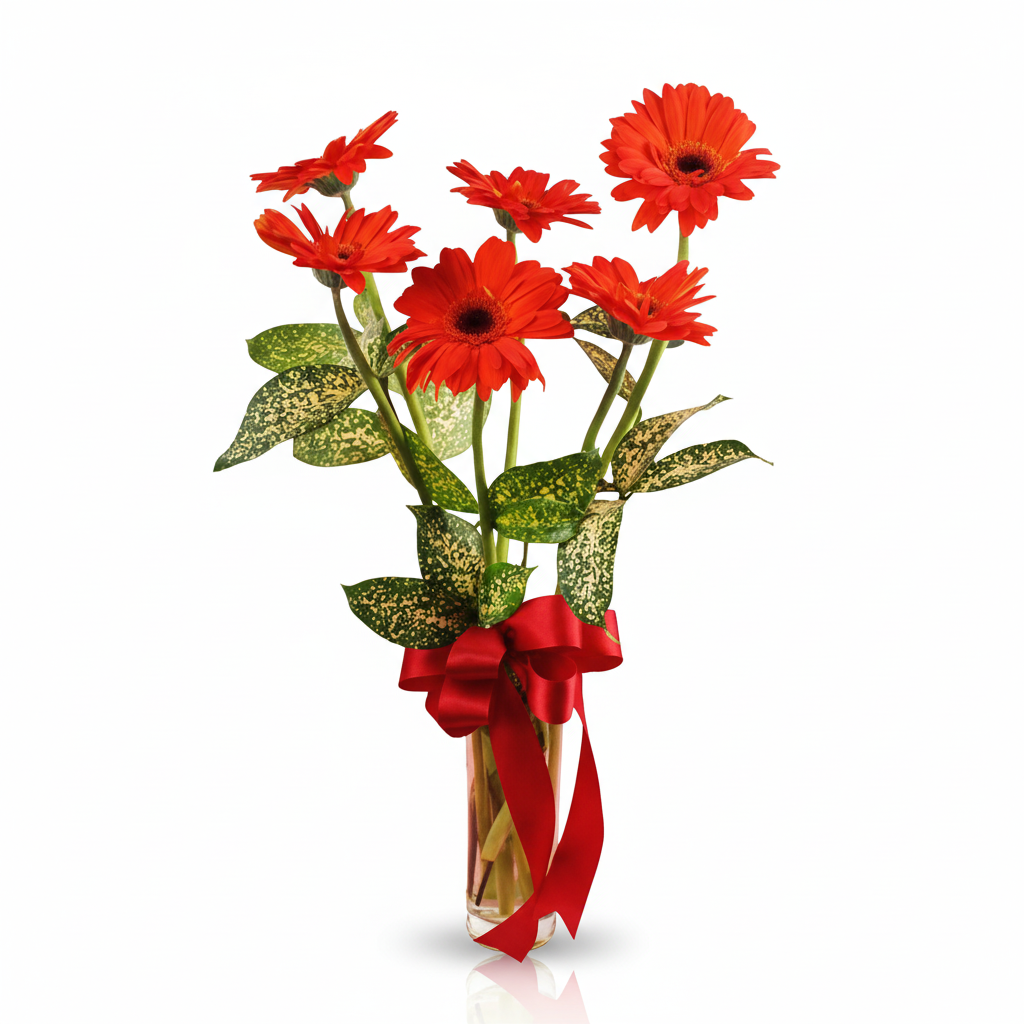 6 Red Gerberas in Glass Vase Table Arrangement