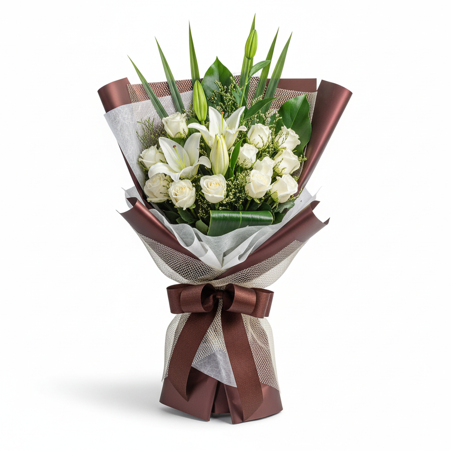 3 White lilies & 12 Roses Hand Bouquet