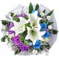 3 White Lily with 4 Blue 4 Purple Roses Handbouquet