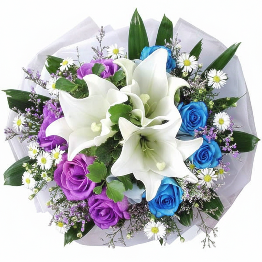 3 White Lily with 4 Blue 4 Purple Roses Handbouquet