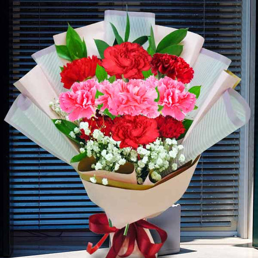 6 枝红色康乃馨和 3 枝粉色康乃馨