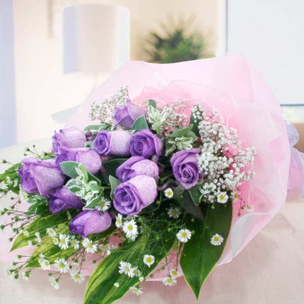 12朵紫玫瑰手捧花 - 长包装
