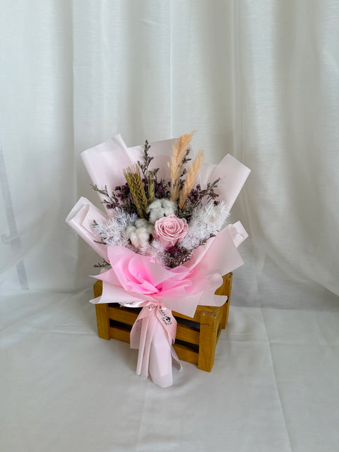 Preserved Pink Rose With Cotton Flowers & Dried Flowers Hand Bouquet