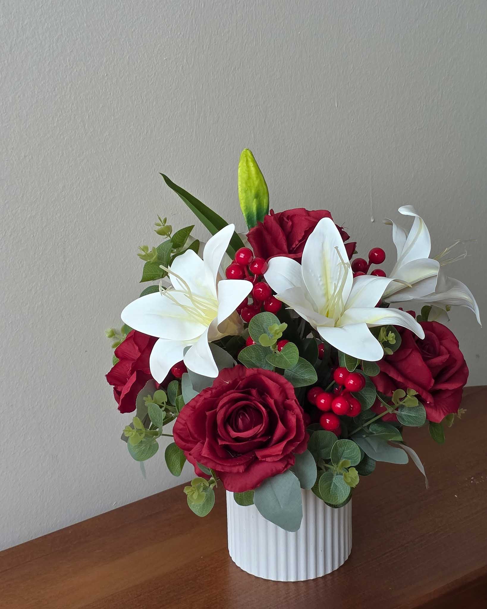 Artificial Lilies with Red Roses Arrangement