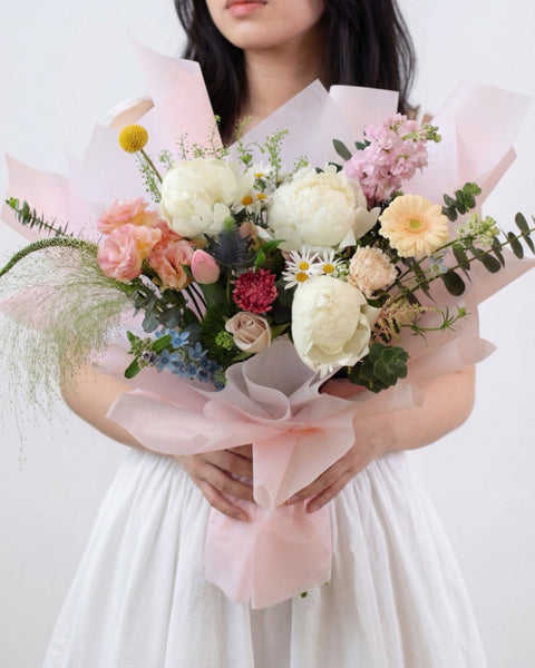 Durian Dew Dreams peony bouquet blush coral Singapore